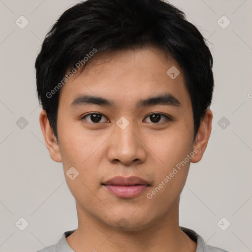 Neutral asian young-adult male with short  black hair and brown eyes