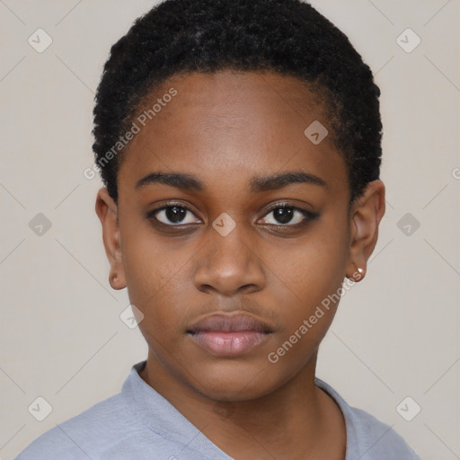 Neutral black young-adult female with short  black hair and brown eyes