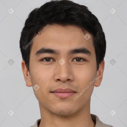 Neutral asian young-adult male with short  black hair and brown eyes