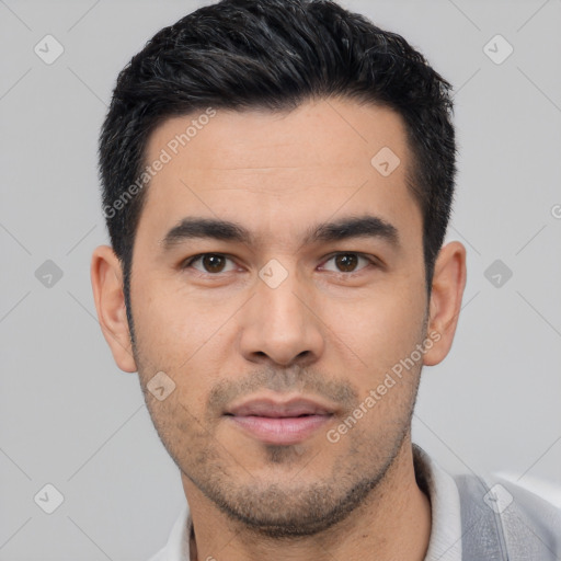 Neutral asian young-adult male with short  black hair and brown eyes