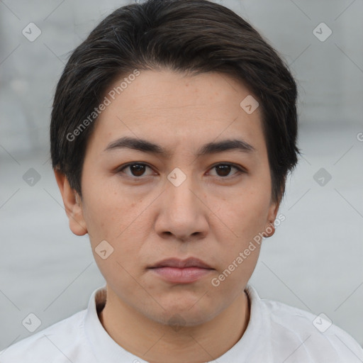 Neutral white young-adult male with short  brown hair and brown eyes