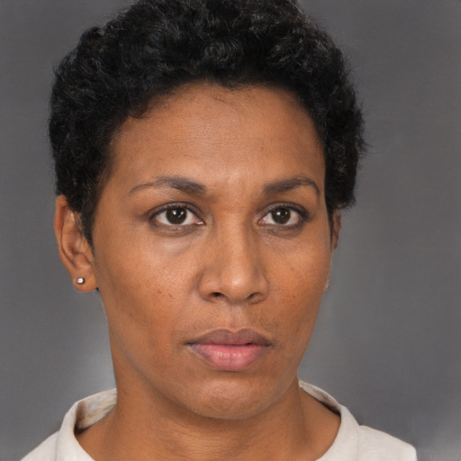 Neutral black adult female with short  brown hair and brown eyes