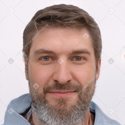 Joyful white adult male with short  brown hair and grey eyes