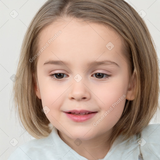 Joyful white child female with medium  brown hair and brown eyes