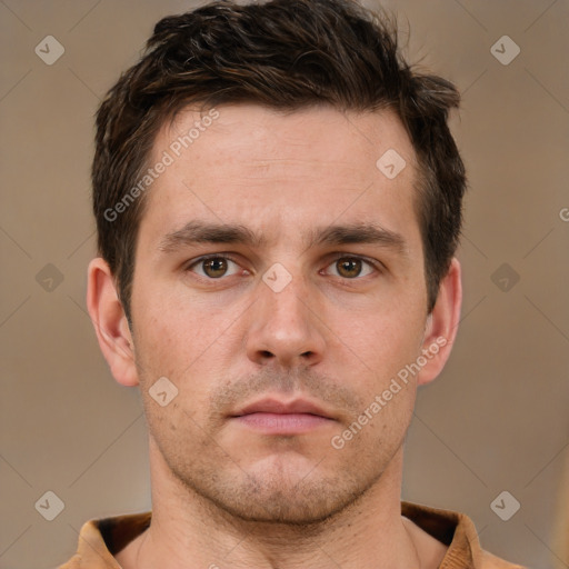 Neutral white young-adult male with short  brown hair and brown eyes