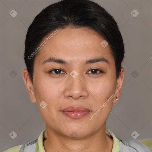 Joyful asian young-adult female with short  brown hair and brown eyes