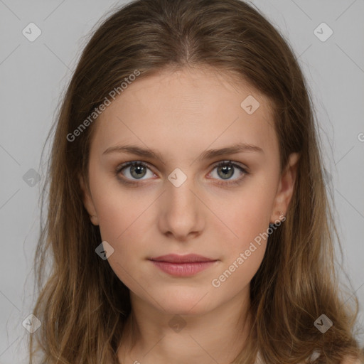 Neutral white young-adult female with long  brown hair and brown eyes