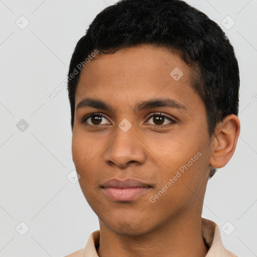 Neutral latino young-adult male with short  black hair and brown eyes