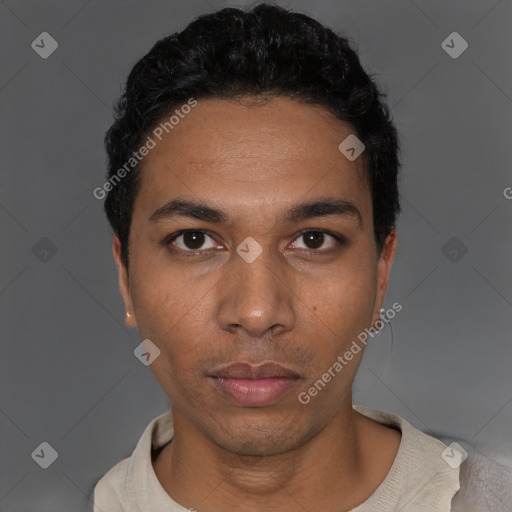 Neutral latino young-adult male with short  black hair and brown eyes