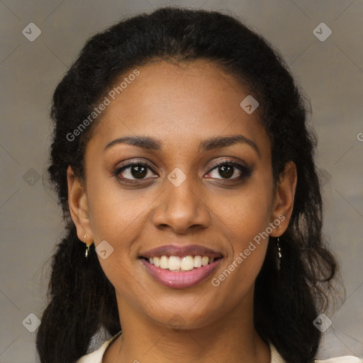 Joyful black young-adult female with medium  brown hair and brown eyes