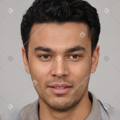 Neutral white young-adult male with short  black hair and brown eyes