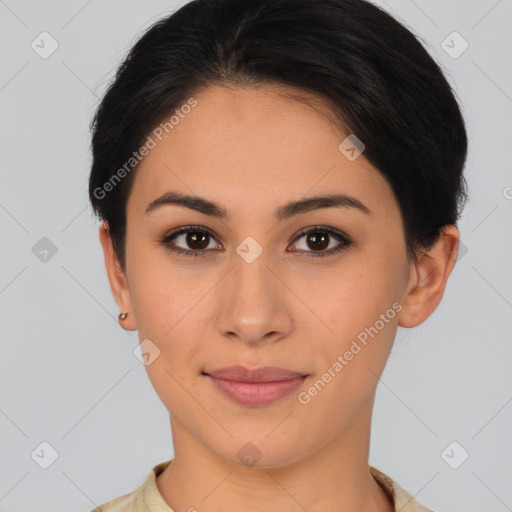 Joyful asian young-adult female with short  brown hair and brown eyes