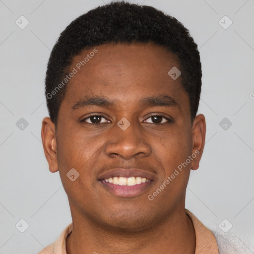 Joyful latino young-adult male with short  brown hair and brown eyes