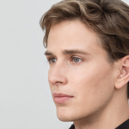 Neutral white young-adult male with short  brown hair and grey eyes
