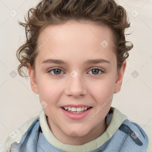 Joyful white child female with short  brown hair and brown eyes