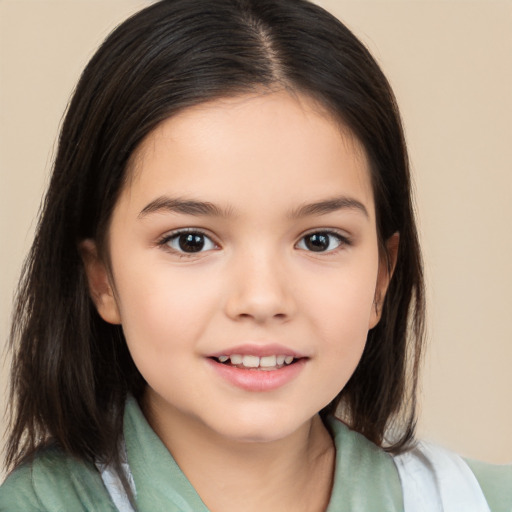 Joyful white child female with medium  brown hair and brown eyes