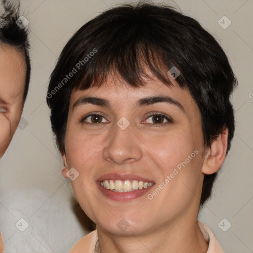 Joyful white young-adult female with medium  brown hair and brown eyes