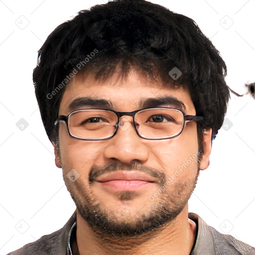 Joyful white adult male with short  black hair and brown eyes