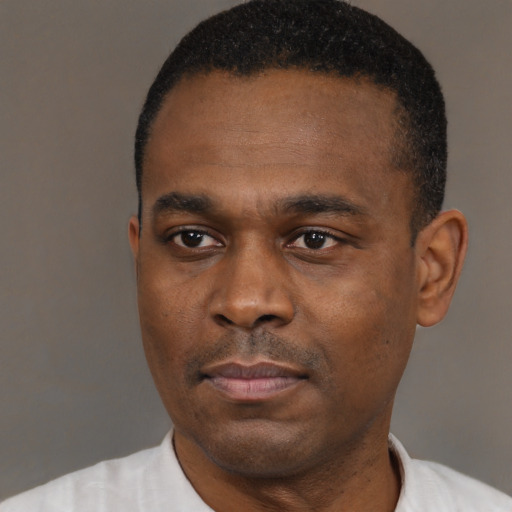 Neutral black adult male with short  black hair and brown eyes