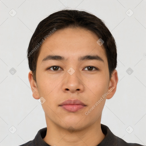 Neutral asian young-adult male with short  brown hair and brown eyes