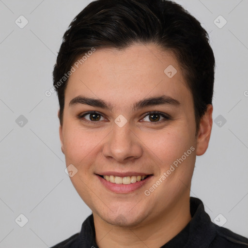 Joyful white young-adult female with short  brown hair and brown eyes