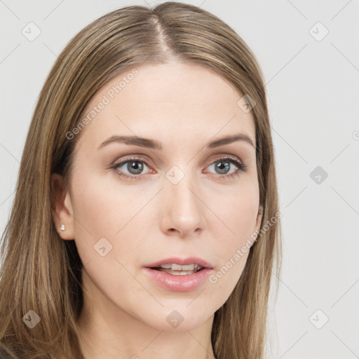 Neutral white young-adult female with long  brown hair and grey eyes