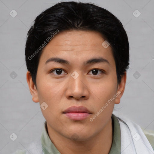 Neutral asian young-adult female with short  brown hair and brown eyes