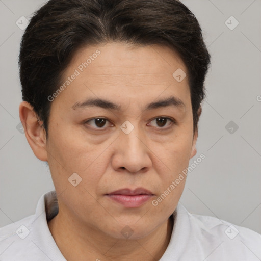 Joyful white adult female with short  brown hair and brown eyes