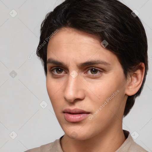 Joyful white young-adult female with medium  brown hair and brown eyes