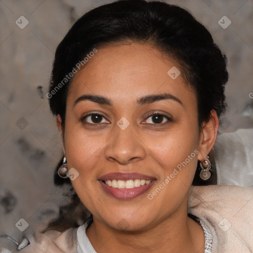 Joyful latino young-adult female with short  black hair and brown eyes