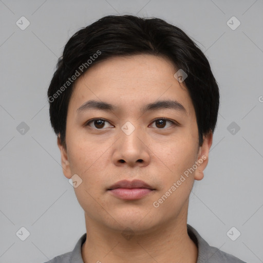 Neutral asian young-adult male with short  black hair and brown eyes