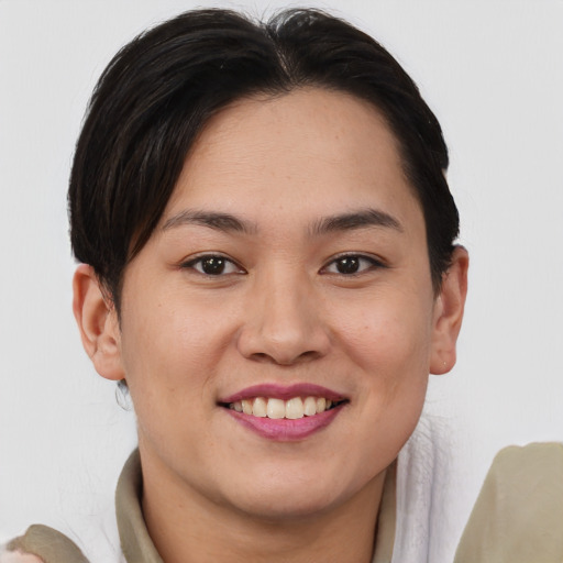 Joyful asian young-adult female with short  brown hair and brown eyes