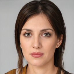 Neutral white young-adult female with medium  brown hair and brown eyes