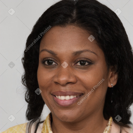 Joyful black young-adult female with medium  brown hair and brown eyes