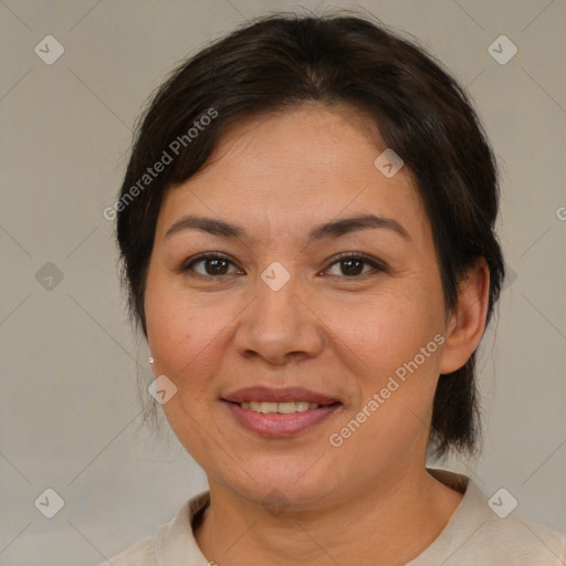 Joyful white adult female with medium  brown hair and brown eyes