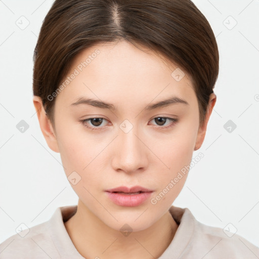 Neutral white young-adult female with short  brown hair and brown eyes