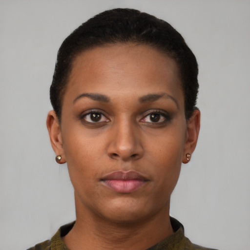 Neutral black young-adult female with short  black hair and brown eyes