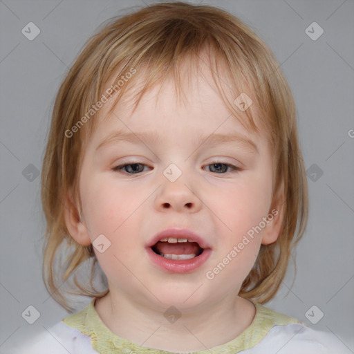 Joyful white child female with medium  brown hair and blue eyes