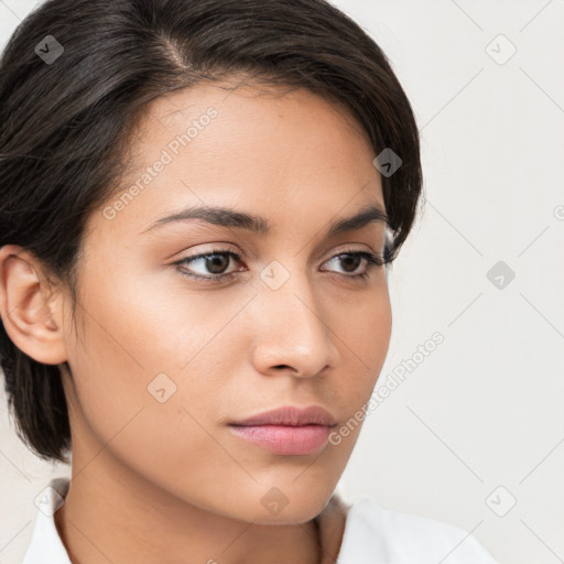 Neutral white young-adult female with medium  brown hair and brown eyes