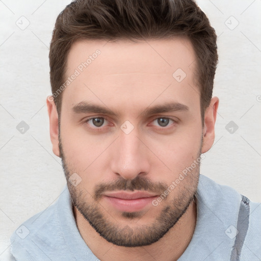 Neutral white young-adult male with short  brown hair and brown eyes