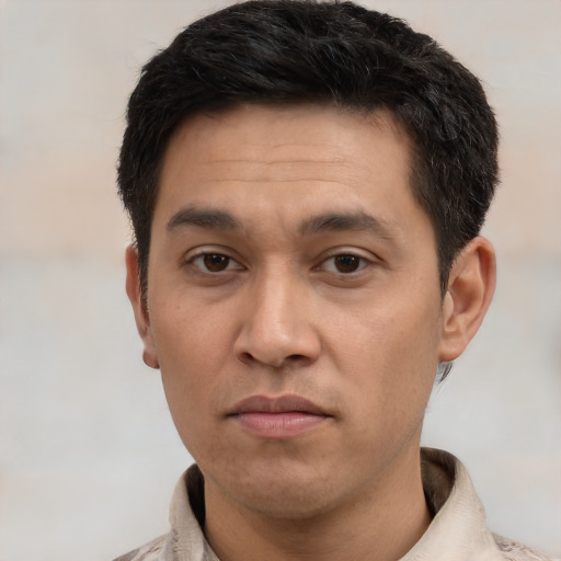 Neutral white adult male with short  black hair and brown eyes