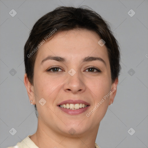 Joyful white young-adult female with short  brown hair and brown eyes