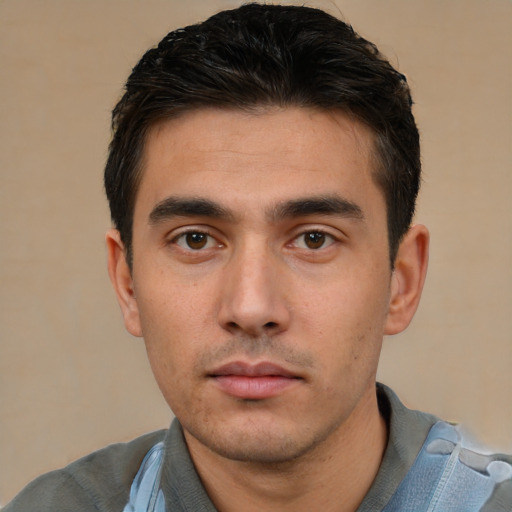 Neutral white young-adult male with short  black hair and brown eyes