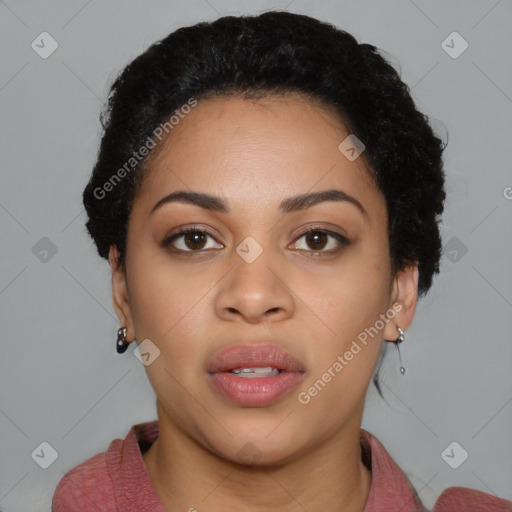 Neutral black young-adult female with short  black hair and brown eyes