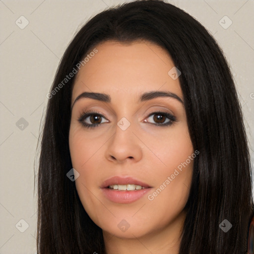 Neutral white young-adult female with long  black hair and brown eyes