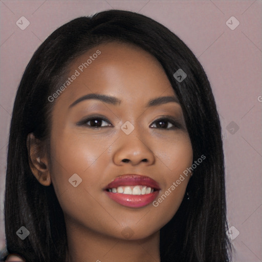 Joyful latino young-adult female with long  brown hair and brown eyes