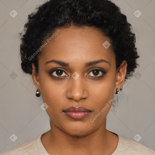 Neutral black young-adult female with short  black hair and brown eyes