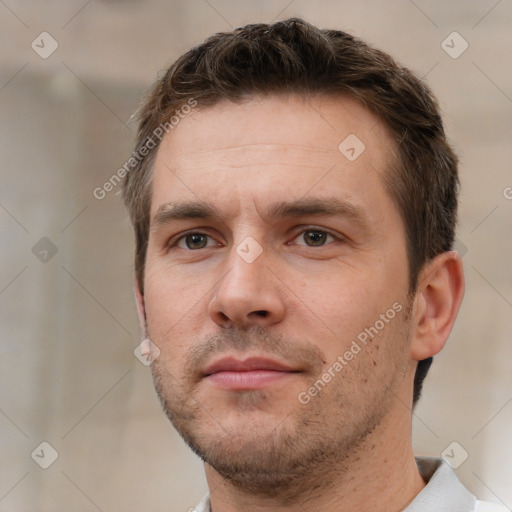 Neutral white young-adult male with short  brown hair and brown eyes