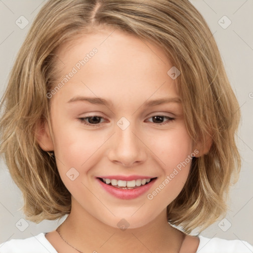 Joyful white child female with medium  brown hair and brown eyes