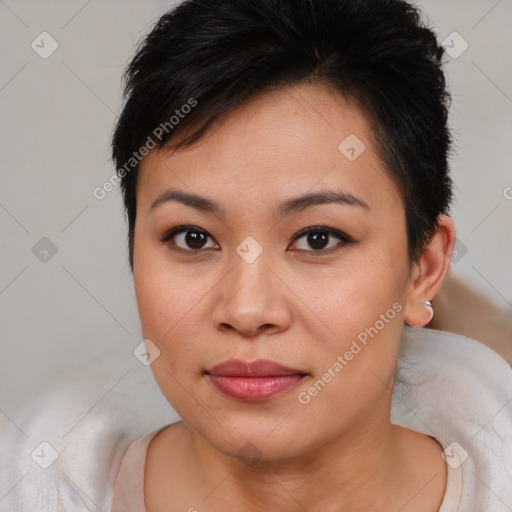 Joyful asian young-adult female with medium  brown hair and brown eyes